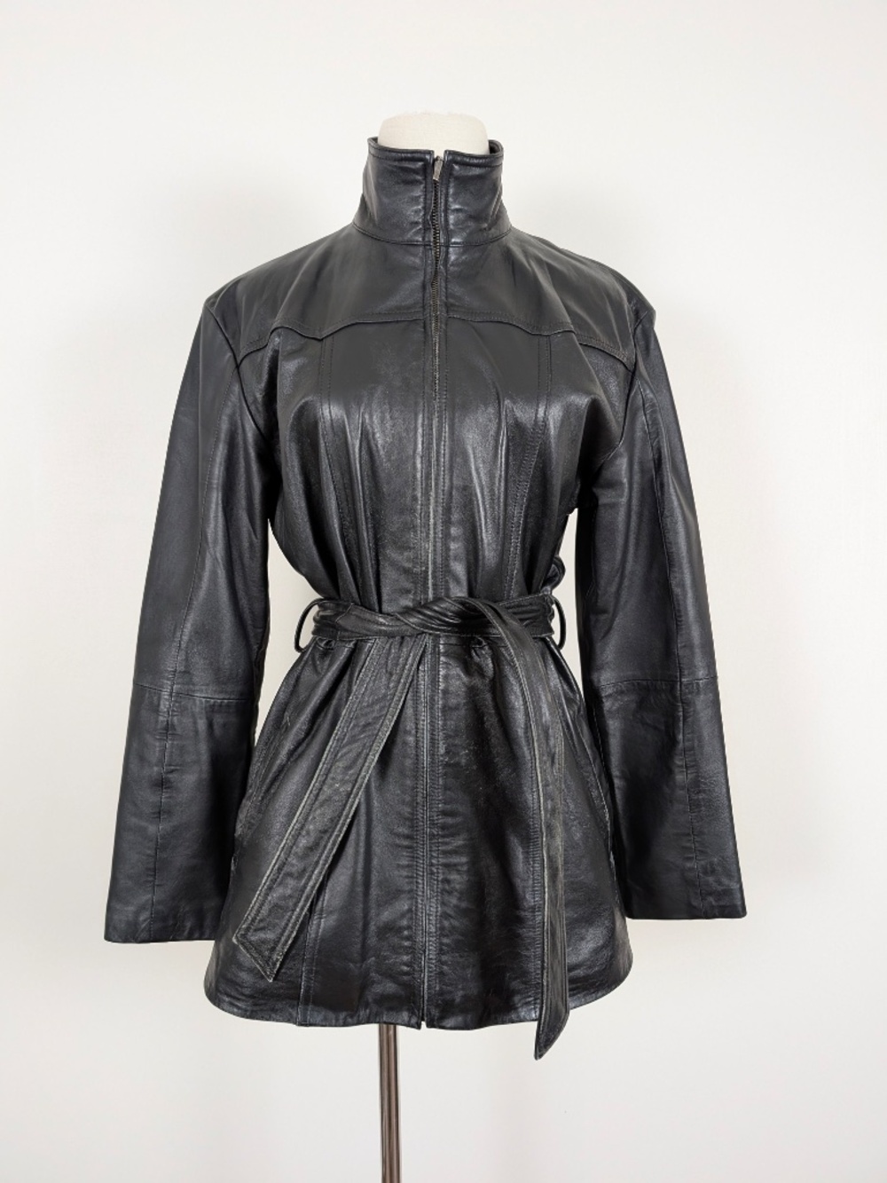 Vintage Leather Jacket Belted Size Medium Black Biker - Picture 11 of 14